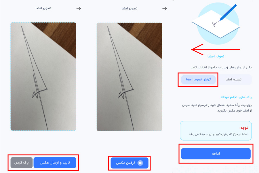 مراحل گرفتن تصویر امضا در فرایند احراز هویت سامانه فراشناسا بانک رسالت 